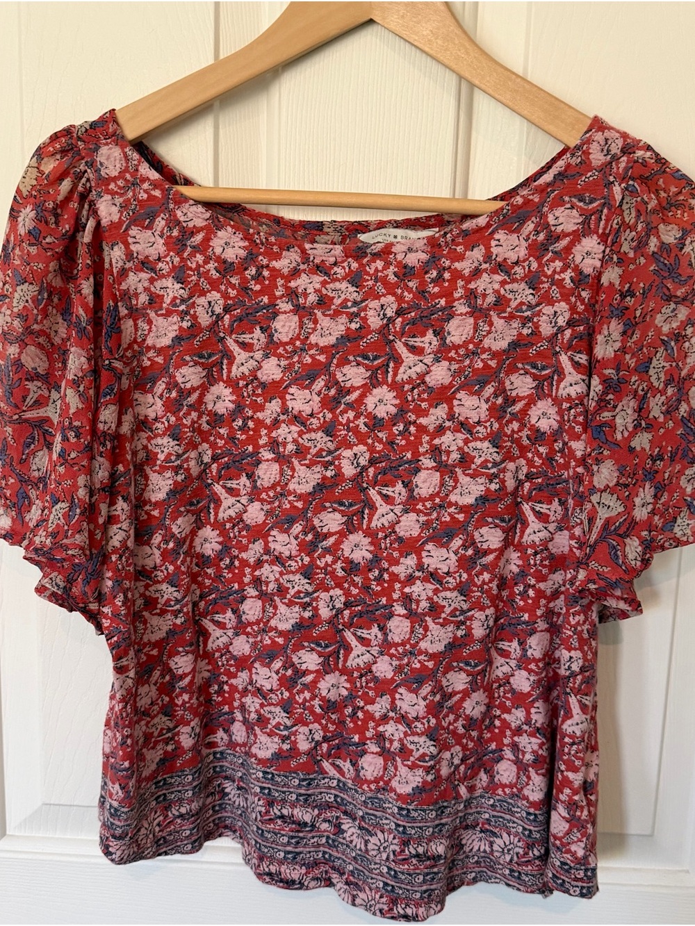 Lucky Brand Red Floral Short Flutter Sleeve Blouse